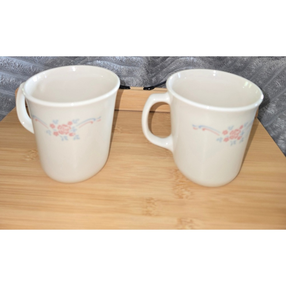 Vintage Corning USA English Rose Coffee Mugs Set of 2 Pink Blue Floral Vitrelle